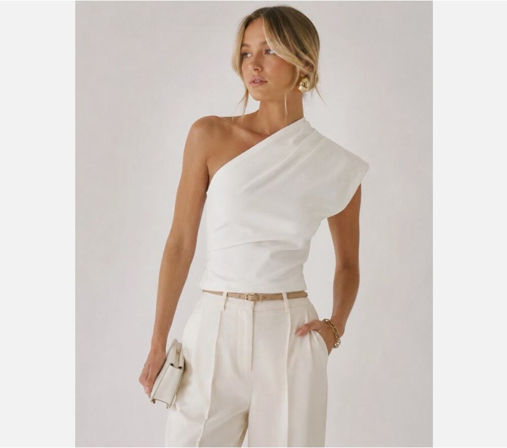 Express One Shoulder Cream Asymmetrical Stretch Minimal Top, Sz S